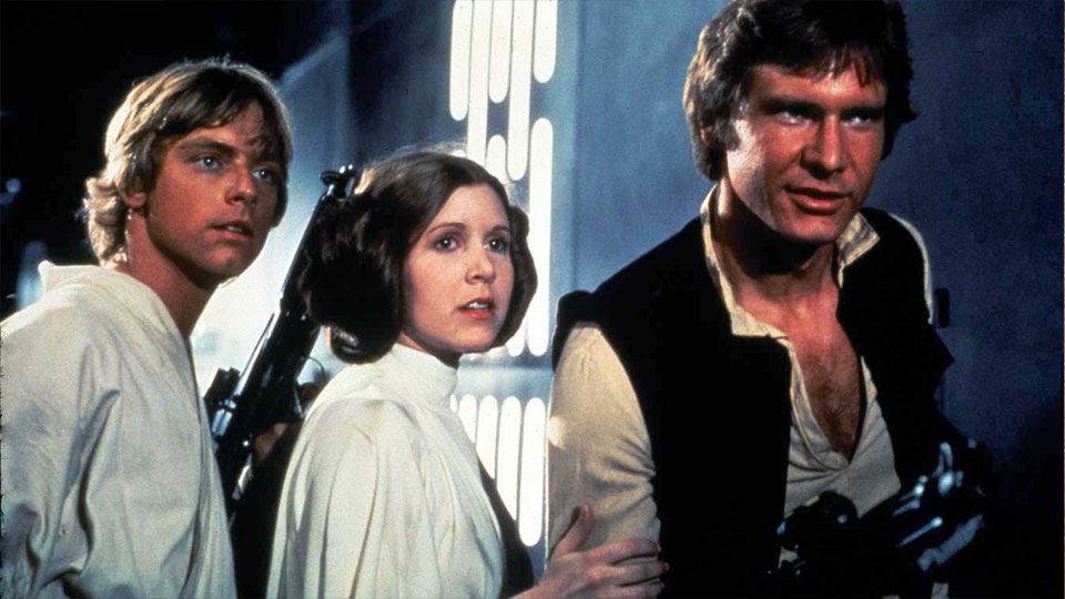 Luke Skywalker (Mark Hamill), Prinzessin Leia (Carrie Fisher) und Han Solo (Harrsion Ford)